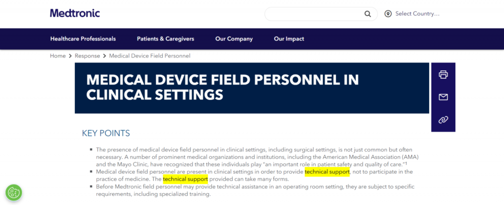 medtronic definition about technical support of medical device company