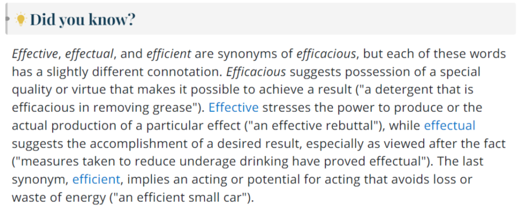 Word difference: efficacious from Webster dictonary